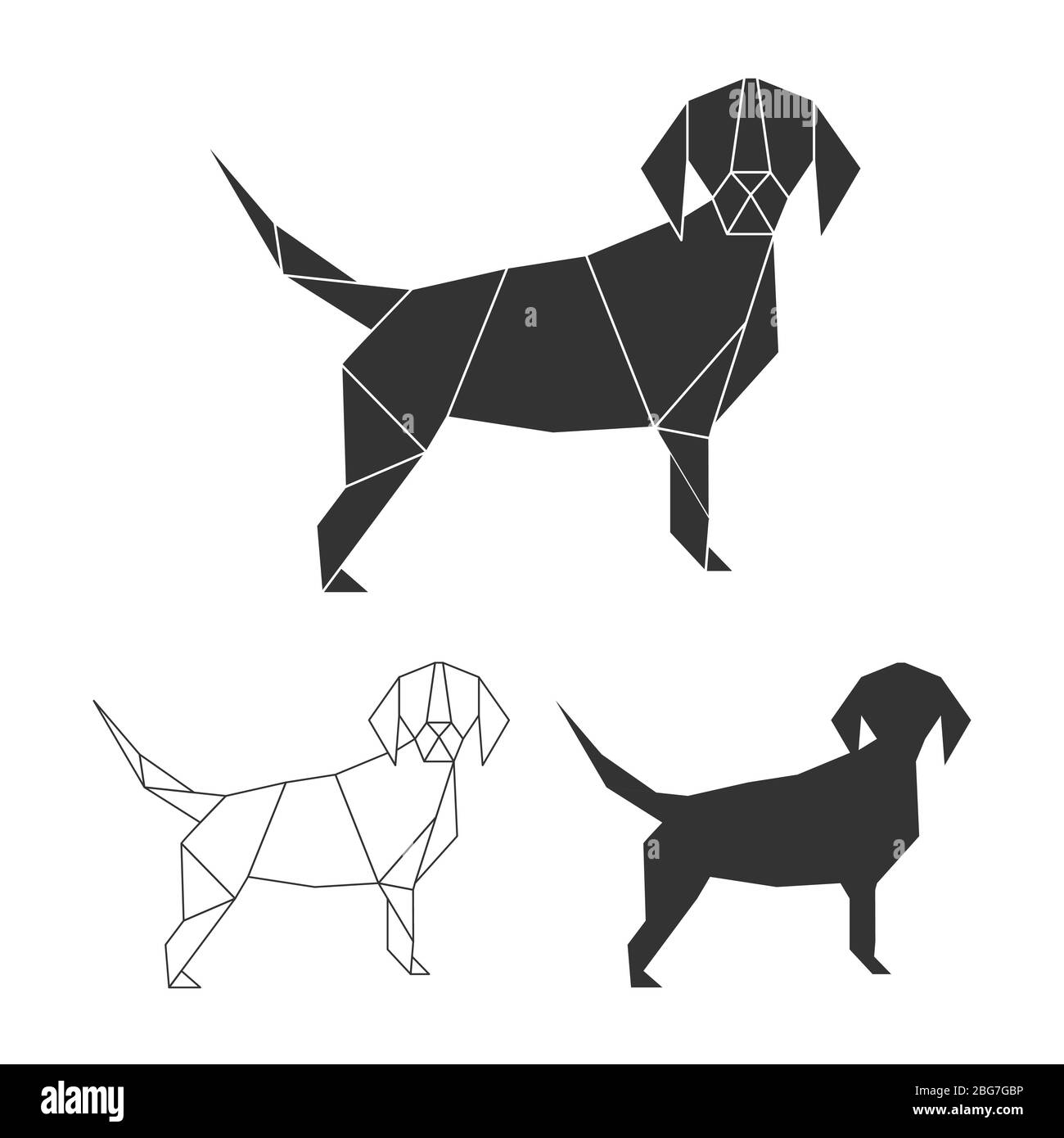 Vektor Origami Hund Set. Linie, Silhouette und polygonales Hundemlogo-Design isoliert auf weißer Illustration Stock Vektor