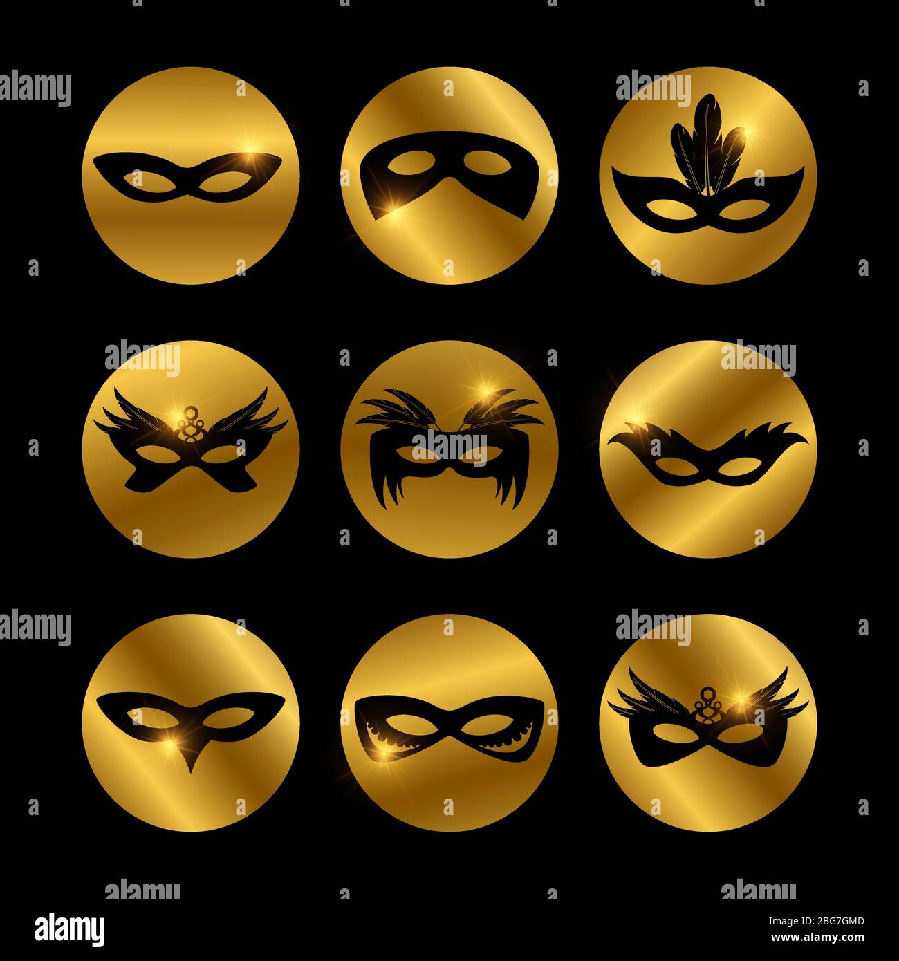Party Gesicht Masken Symbole mit leuchtenden Elementen des Sets isoliert auf schwarz. Vektorgrafik Stock Vektor