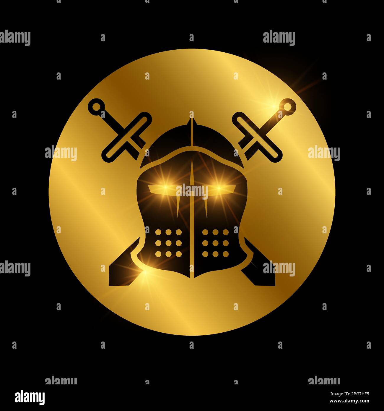Goldene Ikone mit schwarzem Vintage Ritter Helm und Schwertern. Vektorgrafik Stock Vektor