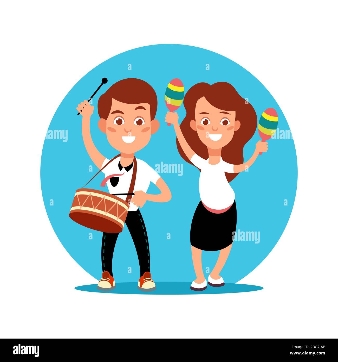 Musiker Kinder machen Kunst pefomance. Cartoon-Charakter Junge und Mädchen mit Musikinstrumenten auf weiß isoliert. Vektorgrafik Stock Vektor