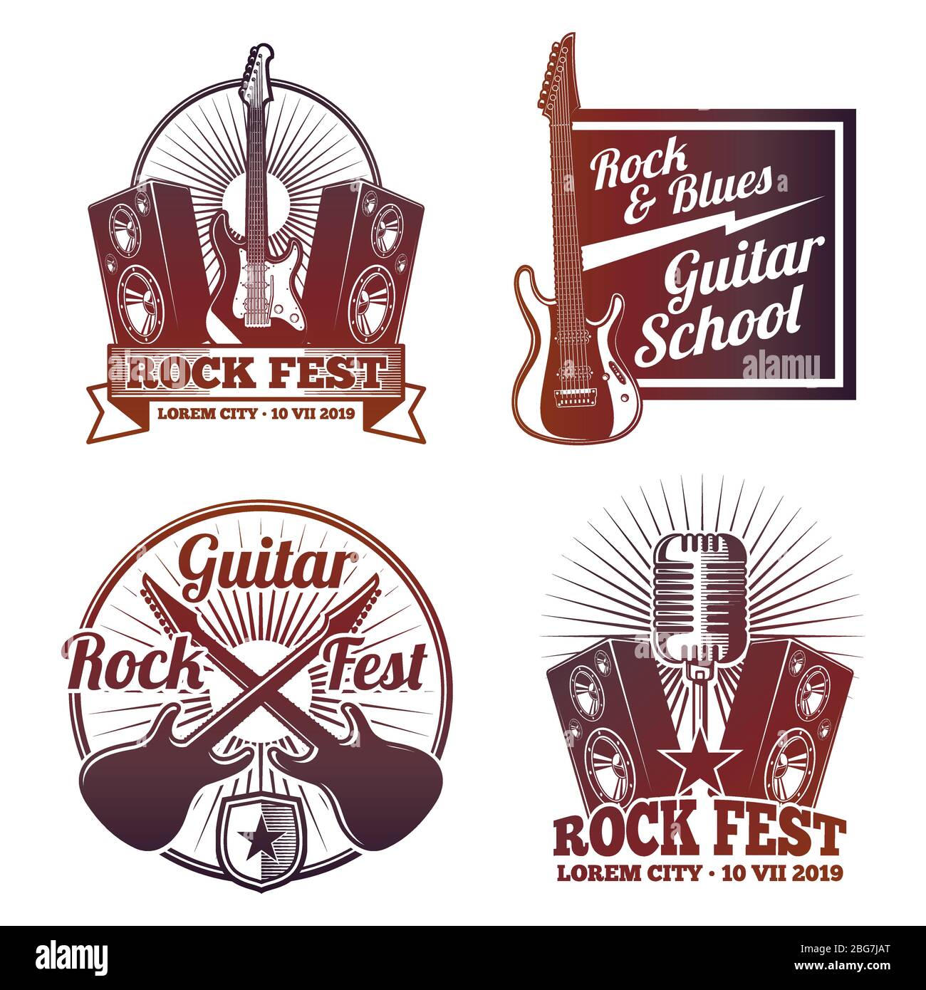 Rock and Roll Musik Vektor-Labels. Vintage Schwermetall Embleme isoliert auf weißem Hintergrund Illustration Stock Vektor