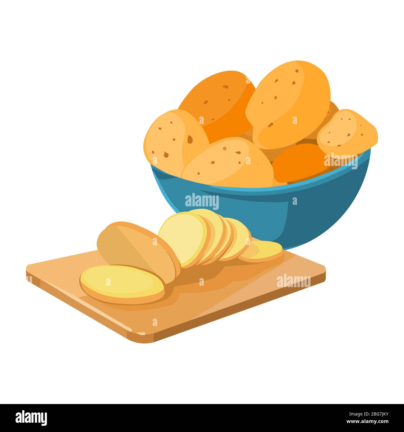 Cartoon Kartoffelschüssel und Schneidebrett mit Kartoffelscheiben Vektor isoliert auf weißem Hintergrund Illustration Stock Vektor