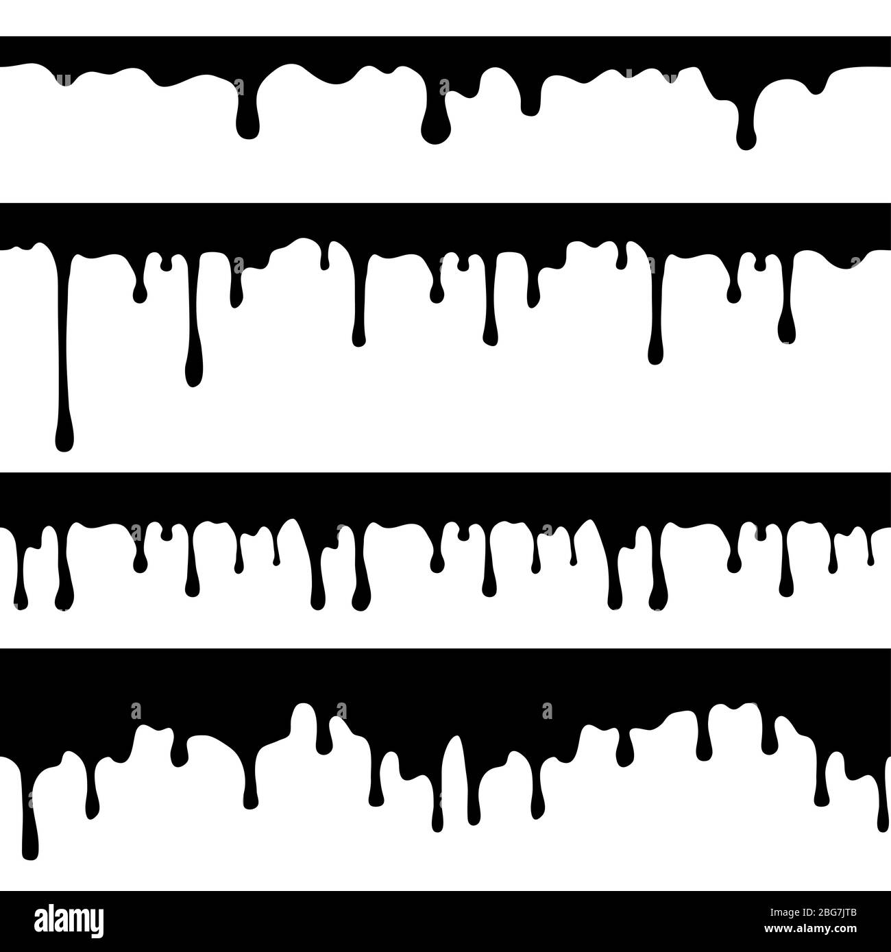 Farbe tropft, schwarze Flüssigkeit oder geschmolzene Schokolade tropft nahtlose Vektorströme isoliert. Abbildung Tropfspritzer, Rinnsal Leck Stock Vektor