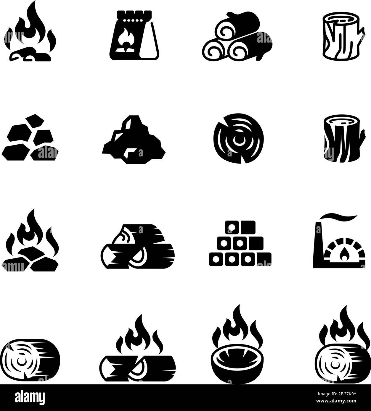 Kohle, brennende Kohle für Grill Vektor isoliert Symbole. Feuer und Flamme, Brennholz in der Verpackung Abbildung Stock Vektor
