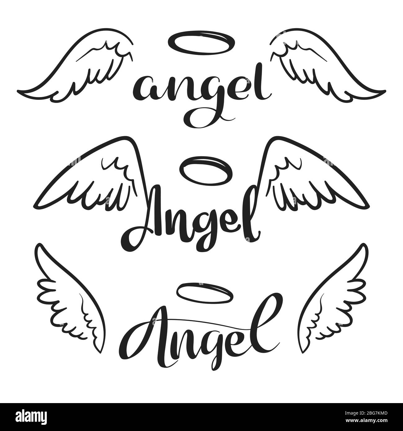 Doodle fliegende Engelsflügel mit Halo. Skizzieren Sie Engelsflügel. Freiheit und religiöse Tattoo Vektor-Design isoliert auf weißem Hintergrund. Federflügel-Flycin Stock Vektor