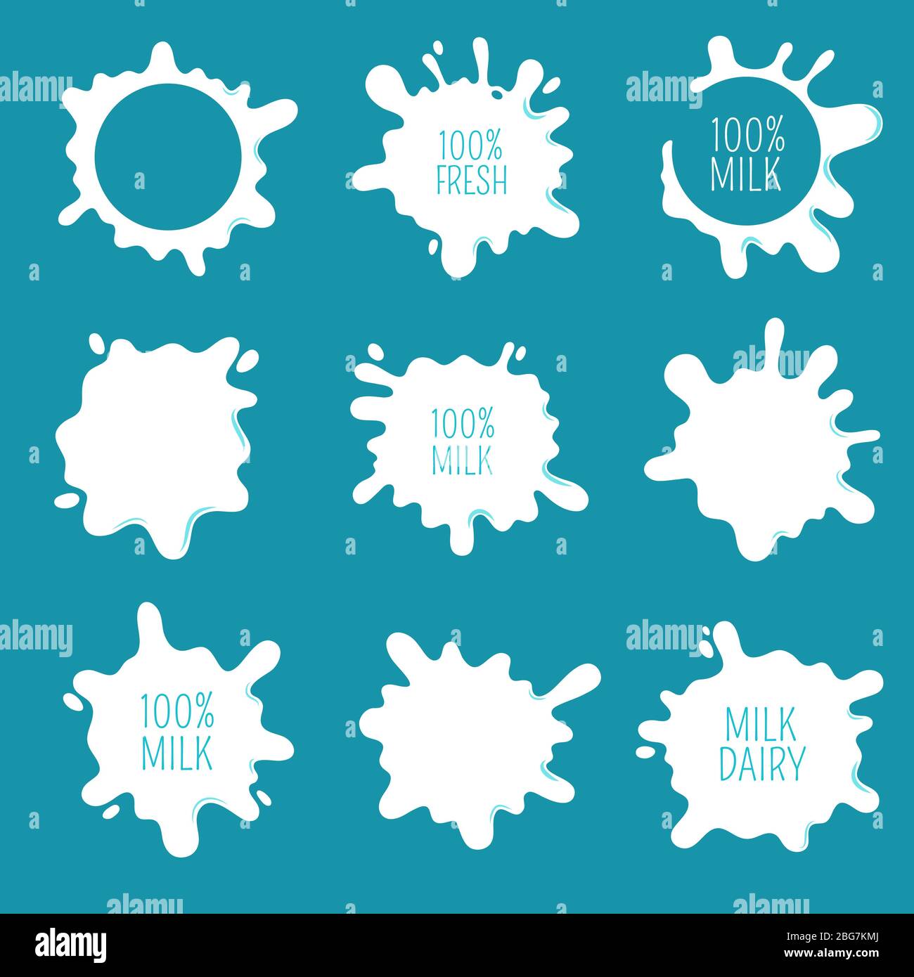 Kuhmilch-Blots, Spritzer und Tropfen. Farm frische Milchprodukte Vektor-Etiketten und Logos isoliert. Illustration von Joghurt Spritzer, Milchgetränk Flecken Stock Vektor