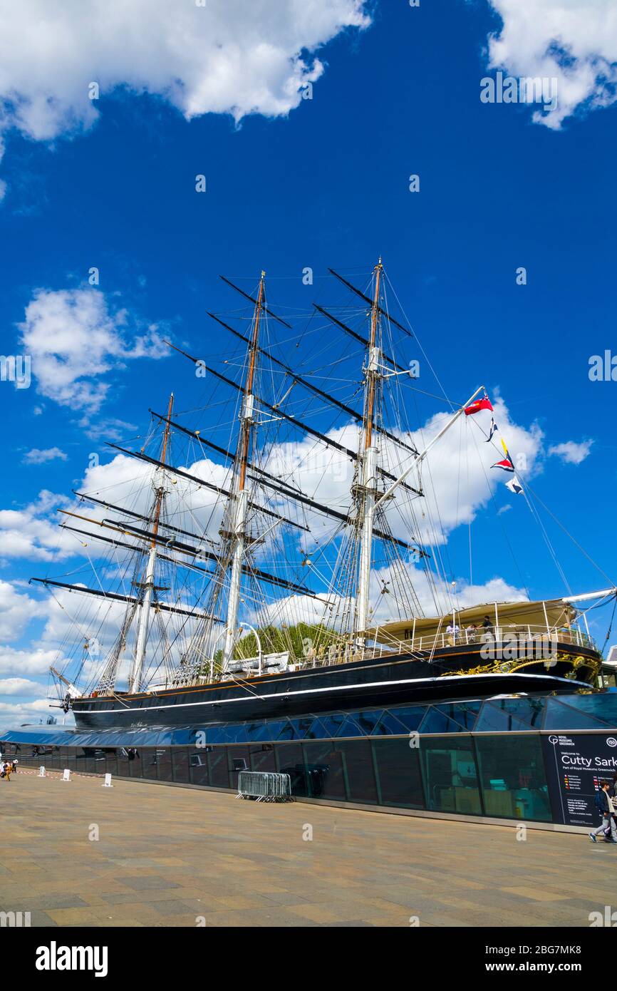 Cutty Sark Teesschiff Greenwich England Prime Meridian Zero Longitude Hemisphären London UK Europa EU Stockfoto