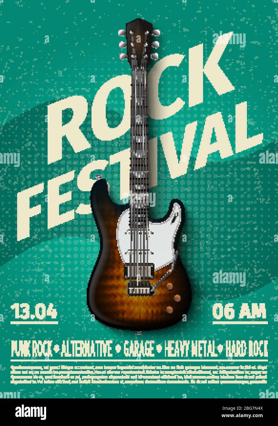 Vintage Rock Festival Flyer mit E-Gitarre. Retro-Musik Konzert affiche, Plakat mit Typografie. Vektor Vorlage Banner mit Rock-Gitarre illustrr Stock Vektor