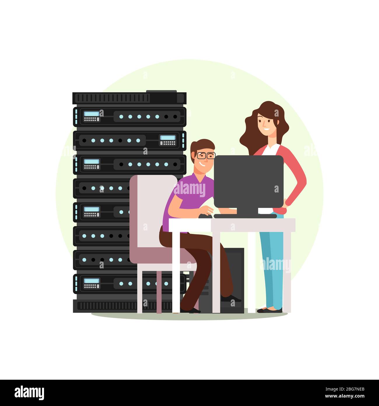 Frau und Mann Cartoon-Charakter. IT- oder Computeringenieure, die mit Datenbank, Server zusammenarbeiten. Vektorgrafik Stock Vektor