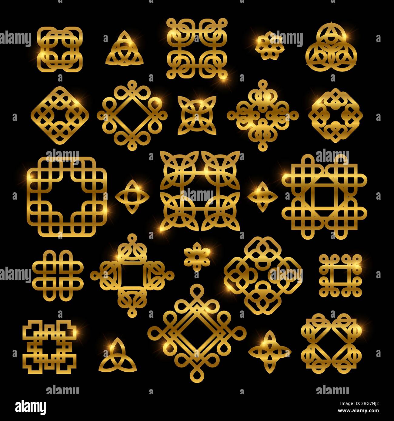 Goldene keltische Knoten mit glänzenden Elementen auf schwarzem Hintergrund isoliert. Vektor Knoten Icon Sammlung Ornament für Tattoo Muster, gälische Dekoration illu Stock Vektor