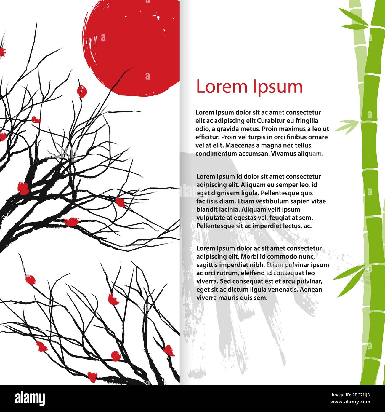 Banner-Vorlage im asiatischen Stil. Vektor japanische und chinesische Symbole Hintergrund-Design. Illustration des Plakats mit Baum und roter Sonne Stock Vektor