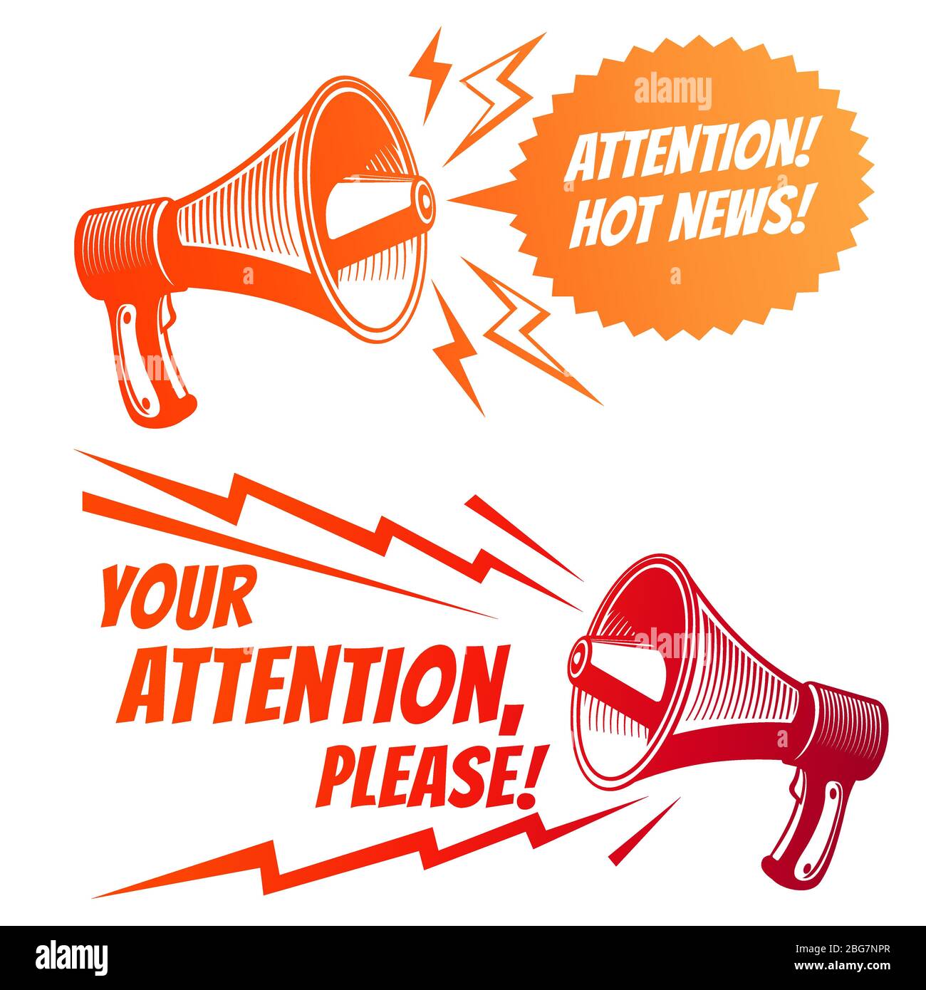 Bunte Aufmerksamkeit bitte Vektor-Symbole mit Stimme Megaphon isoliert auf weißem Hintergrund Illustration Stock Vektor