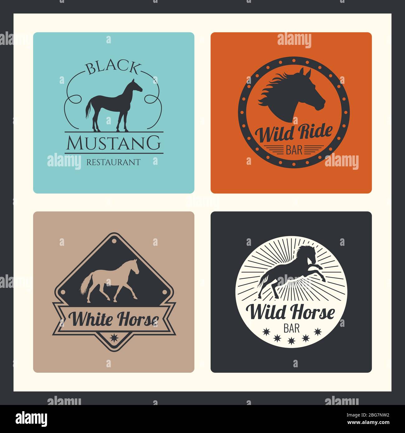 Retro Rennpferd, laufende Stute Vektor-Logos. Café und Bar Emblem mit Pony und Pferd Illustration Stock Vektor