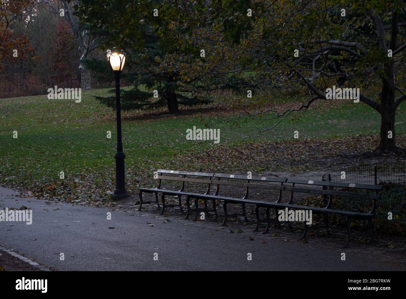 Herbstdämmerung in einem Park mit Steet Lampe und Einrichtung Park Sitzbeine Stockfoto