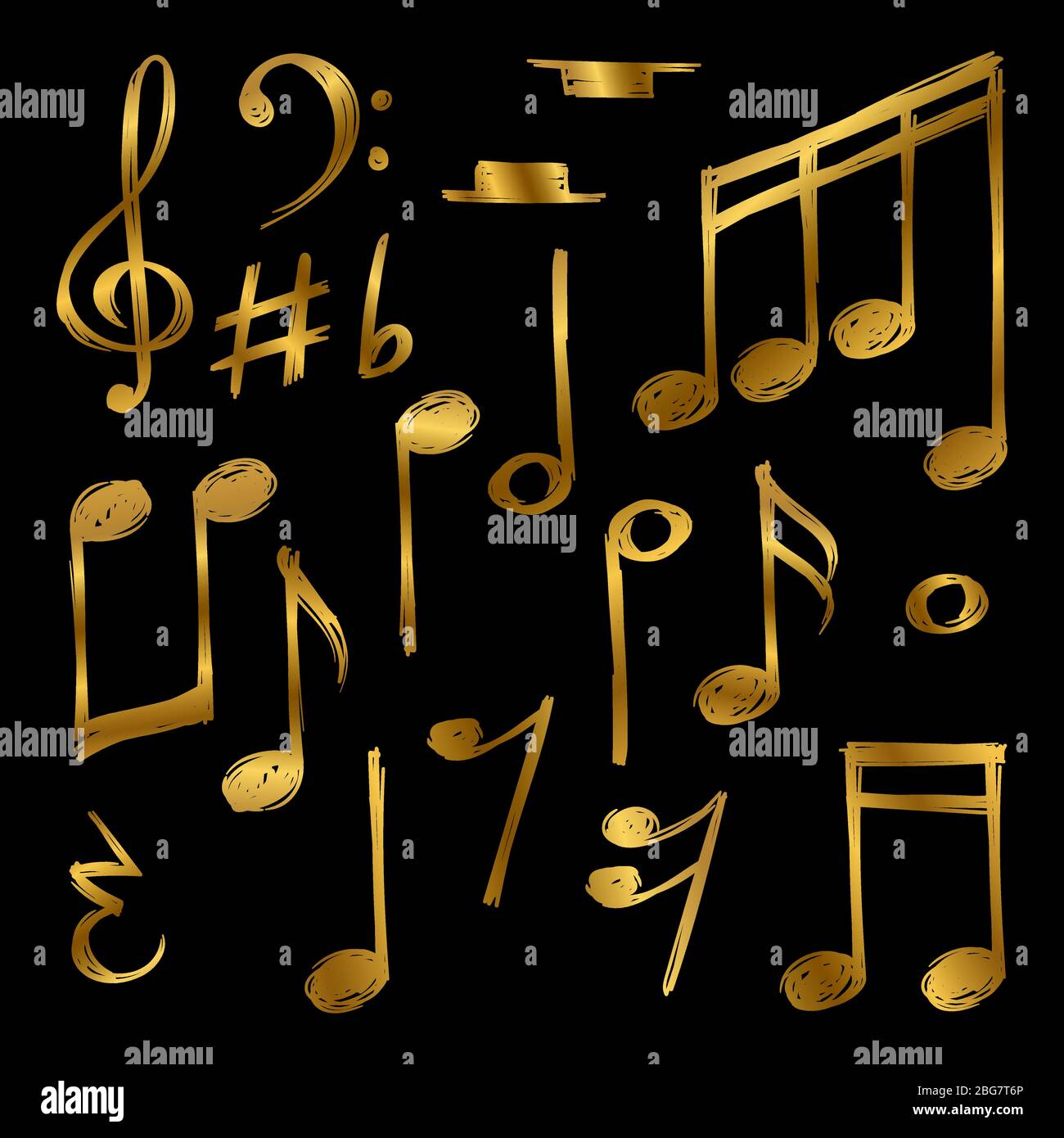 Goldene Noten und Zeichen des Sets isoliert auf schwarzem Hintergrund. Vektorgrafik Stock Vektor