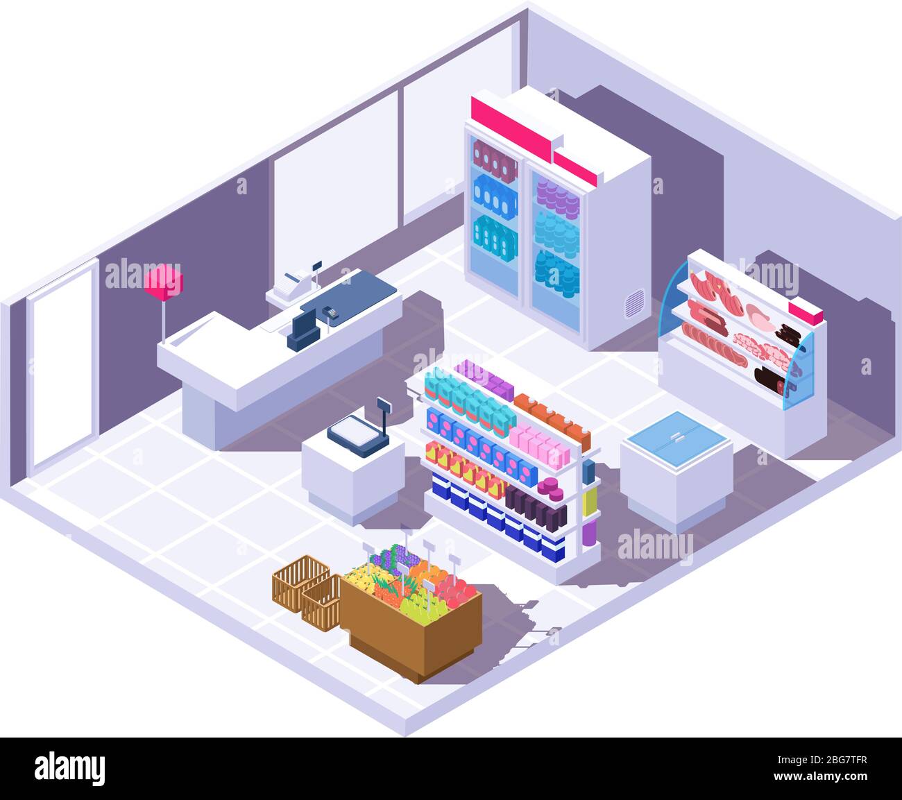 Isometrische Supermarkt Interieur. 3d-Lebensmittelgeschäft mit Lebensmitteln. Supermarkt, Markt isometrischen Lebensmittelgeschäft, Shop-Interieur mit Kühlschrank und Vitrine Illustration Stock Vektor