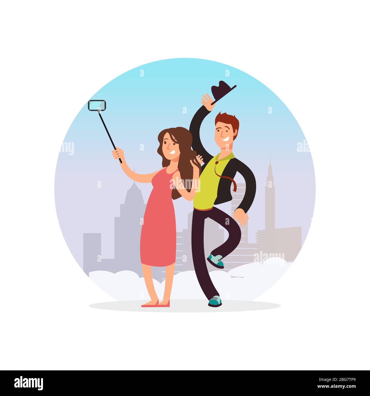 Glückliches Paar macht Selfie. Cartoon-Figur Mann und Frau machen Foto isoliert auf weiß. Vektorgrafik Stock Vektor