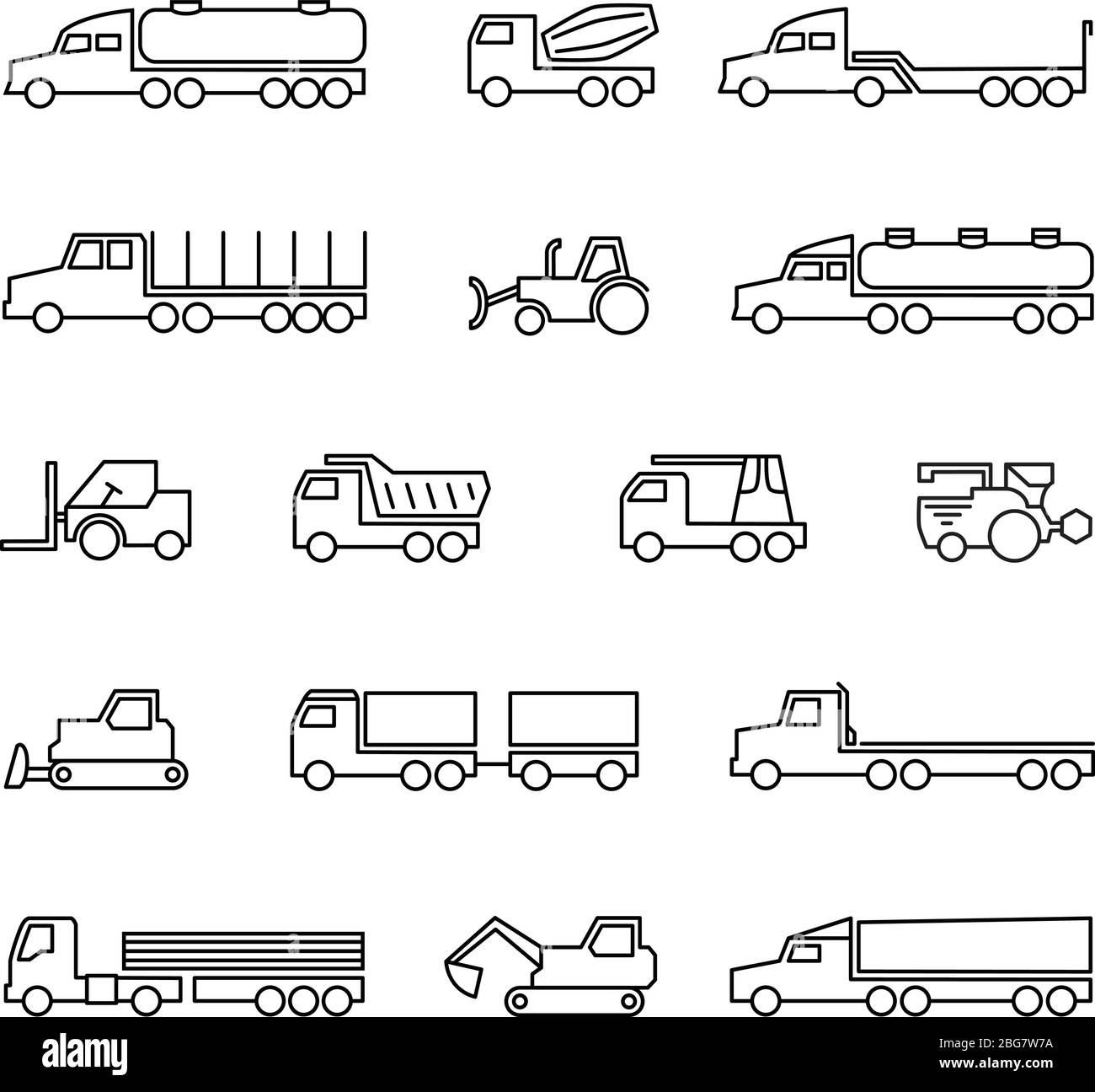 Baumaschinen. Symbole für LKW, Traktoren und schwere Geräte. Vektor Transport Traktor, Transportmaschine Bulldozer und Lader illustra Stock Vektor