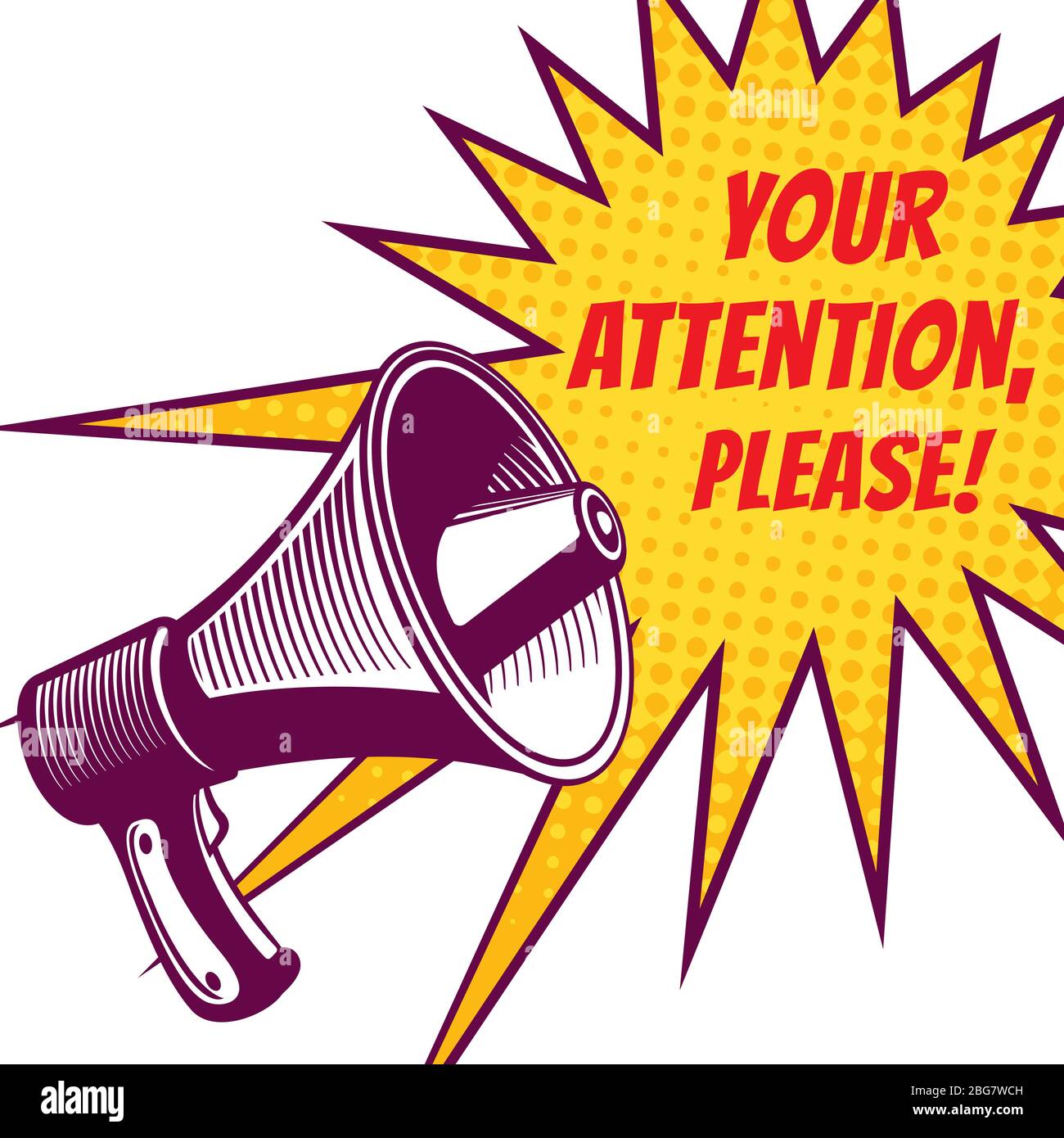 Achtung bitte Vektorsymbole mit Voice Megaphon in Pop Art-Illustration Stock Vektor