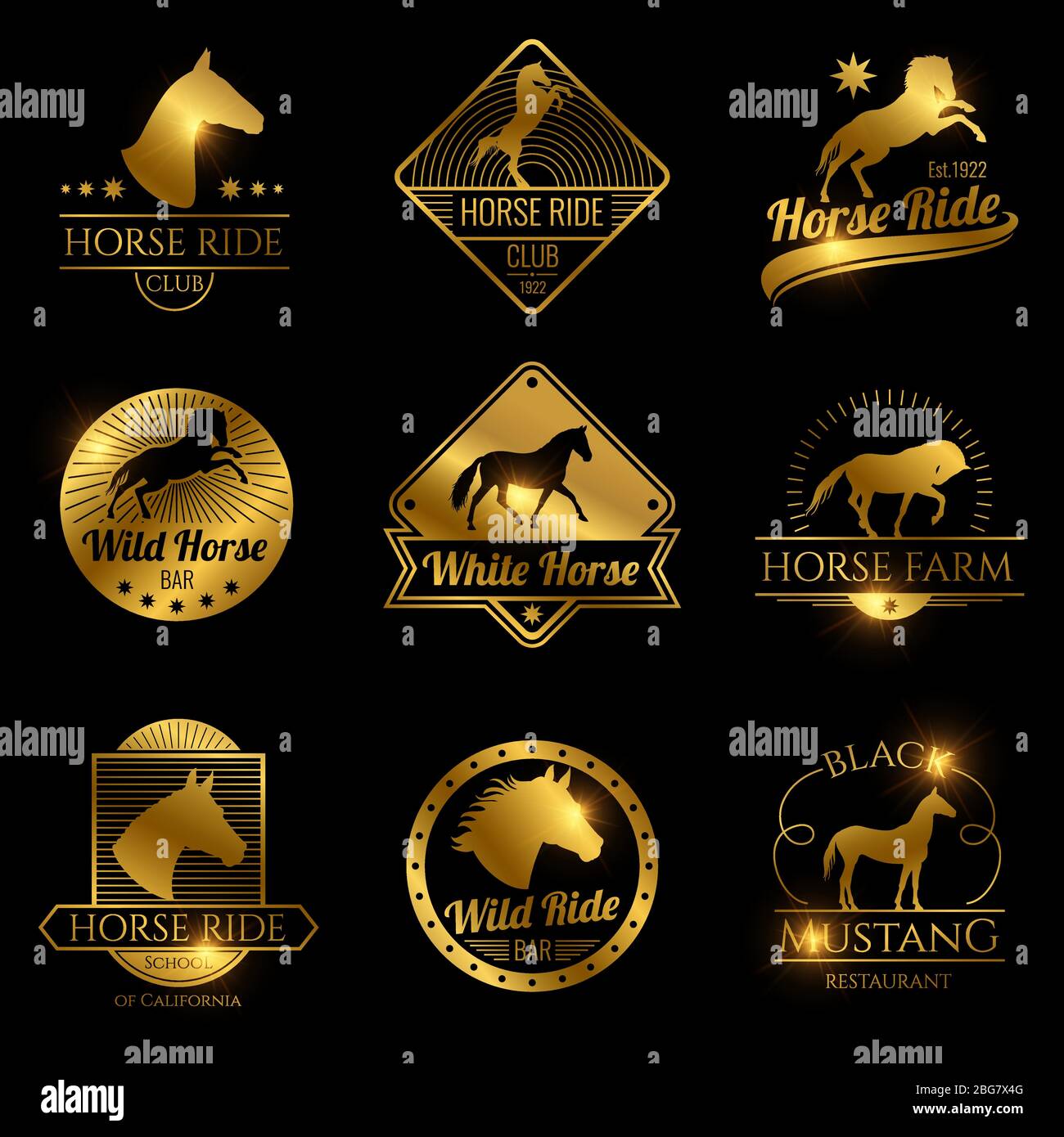 Golden Rennpferd, laufende Stute Vektor Vintage Logos auf schwarzem Hintergrund Illustration Stock Vektor
