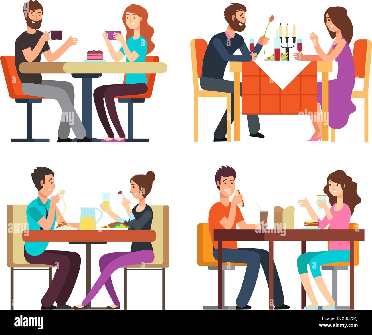 Tisch für Paare. Mann, Frau beim Kaffee und Abendessen. Gespräch zwischen den Jungs im Restaurant. Vektor-Cartoon-Figuren in romantischen Datum. Abbildung Stock Vektor