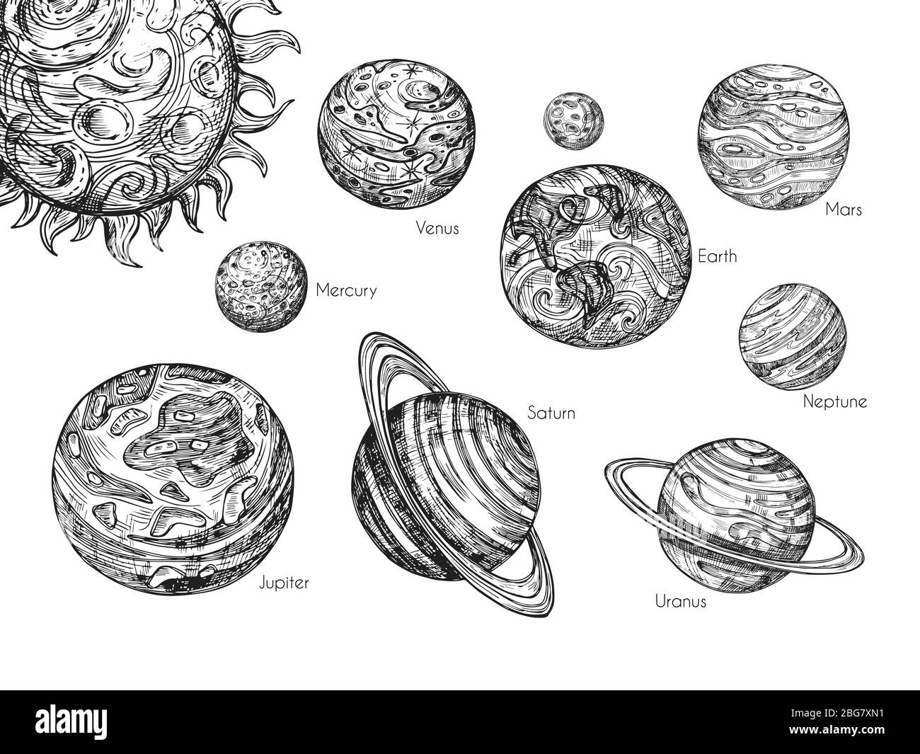 Skizzieren Sie Planeten des Sonnensystems. Merkur, venus, Erde, mars, jupiter, saturn, uranus und neptun in handgezeichneter Gravur Vektorset. Planeten Sammlung abstrakte Illustrationen Stock Vektor