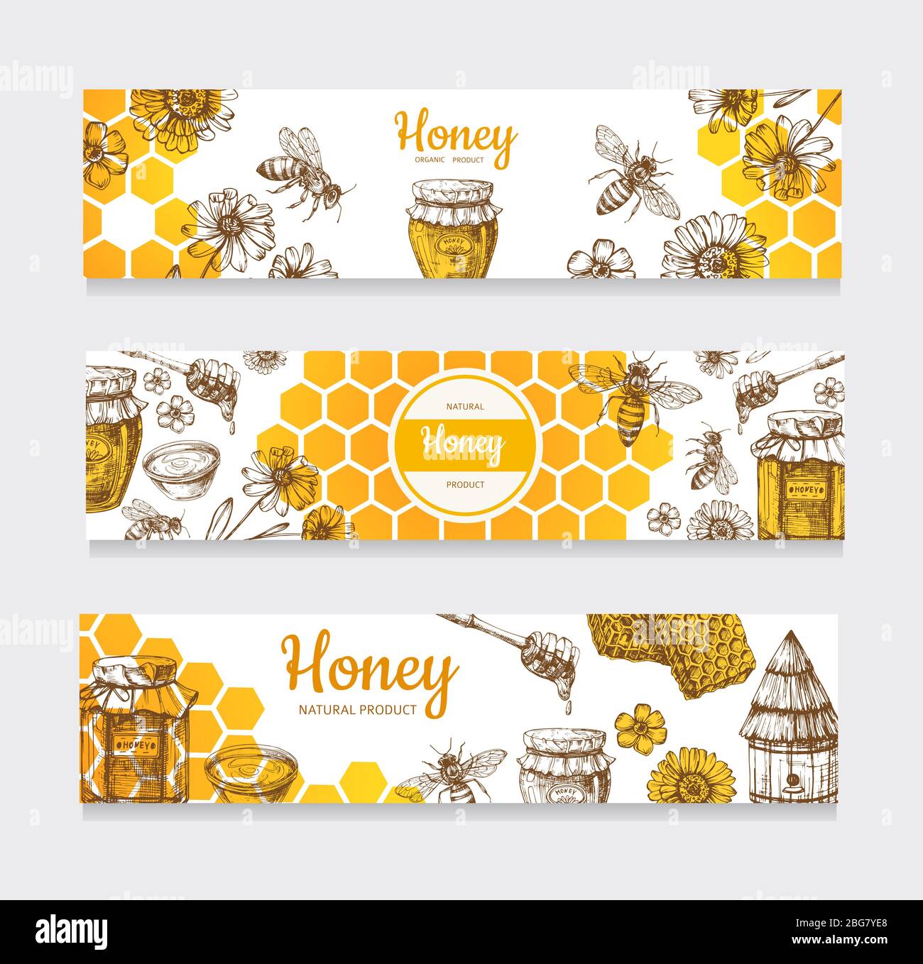 Honey Banner. Vintage Hand gezeichnete Bienen und Honigblüten, Waben und Bienenstock Vektor-Etiketten. Illustration von gesunden Lebensmitteln, natürliche süße Hone Web Poster Illustration Stock Vektor