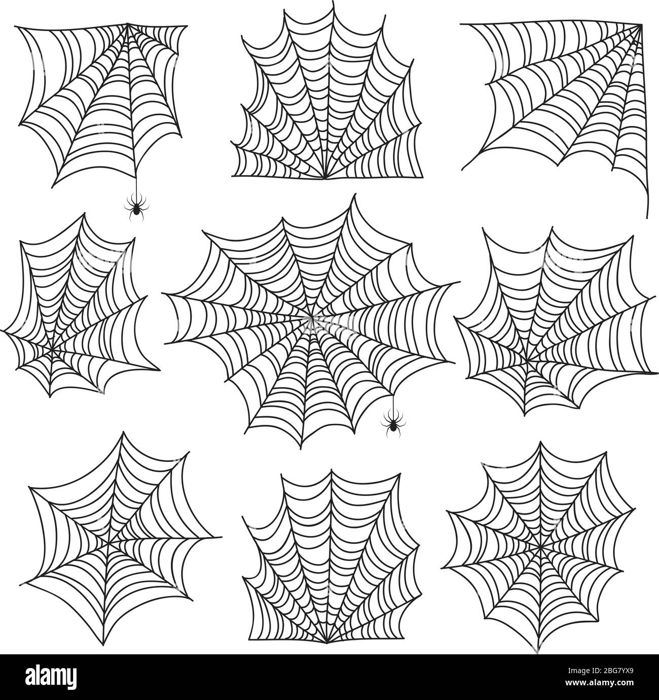 Spinnennetz. Gruselige Spinnweben und Netzecken mit Spinne. Halloween Vektor-Symbole auf weißem Hintergrund isoliert. Gruselige Ecke für halloween, gruselige Spinne Silhouette Illustration Stock Vektor