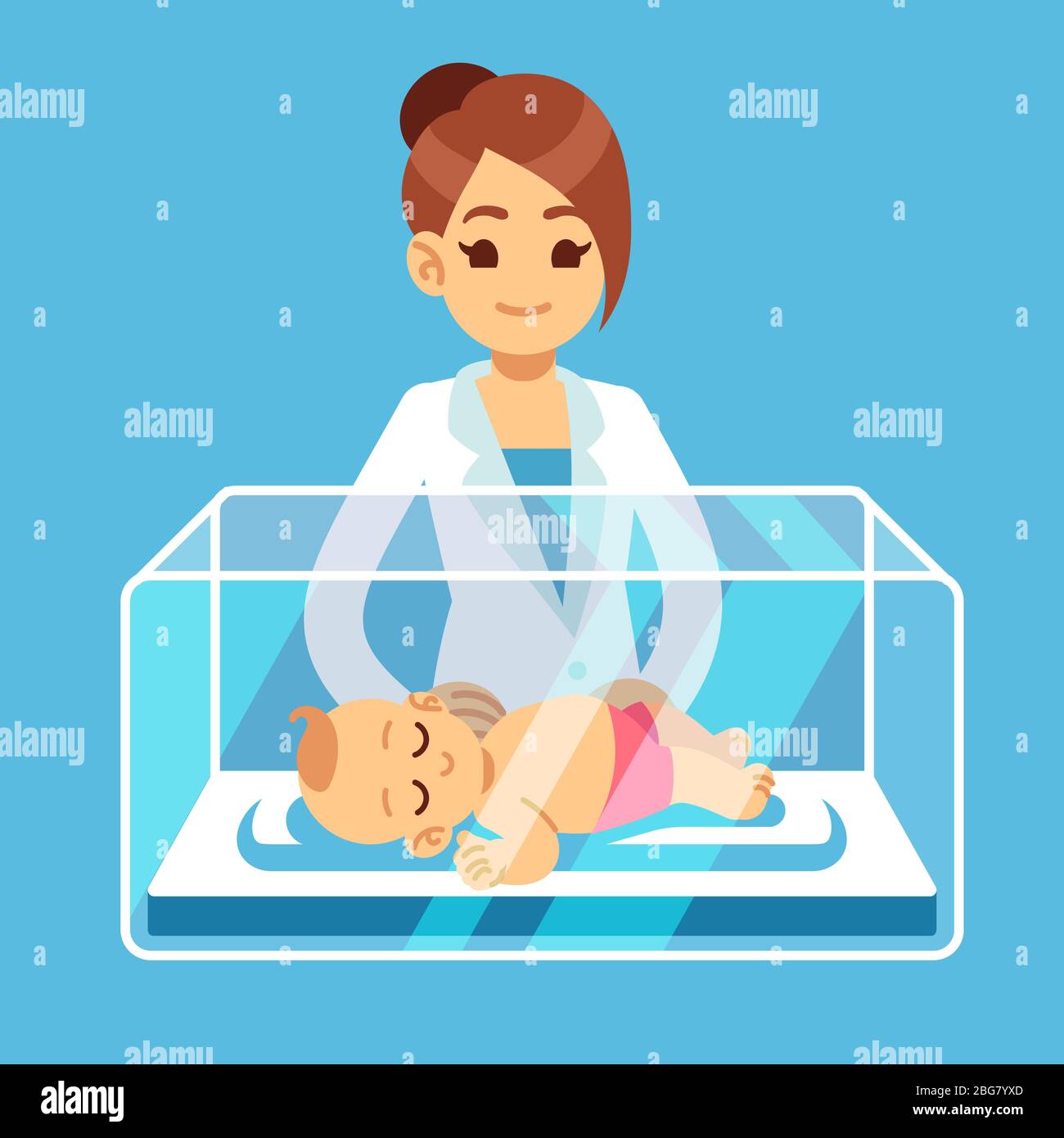 Kinderarzt Arzt und kleines Neugeborenes Baby in Inkubator Box im Krankenhaus. Neonatale, Frühgeburt, Kinderbetreuung medizinische Vektor-Konzept. Illustration des Säuglings und Arzt neonatologe Stock Vektor