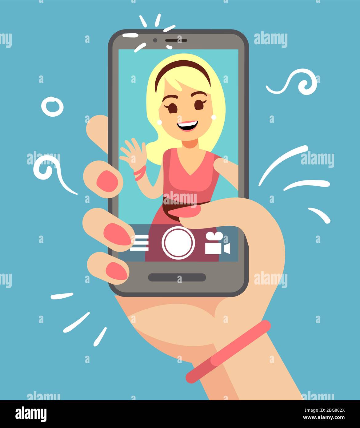 Junge attraktive Frau, die Selfie-Foto auf Smartphone im Freien. Schönes Mädchen Porträt auf dem Telefon-Bildschirm. Cartoon Vektor Illustration von Frau Selfie Stock Vektor