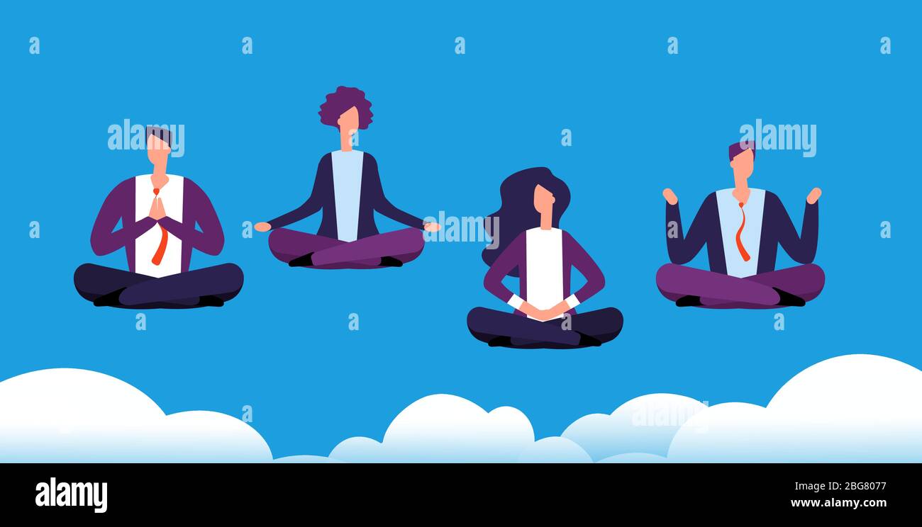Meditation Yoga Gruppe. Business-Team entspannt und meditiert in Lotushaltung. Büroangestellte vermeiden Stress. Vektor Konzept Meditation Geschäftsmann, Illustration Cartoon entspannen Arbeiter Stock Vektor