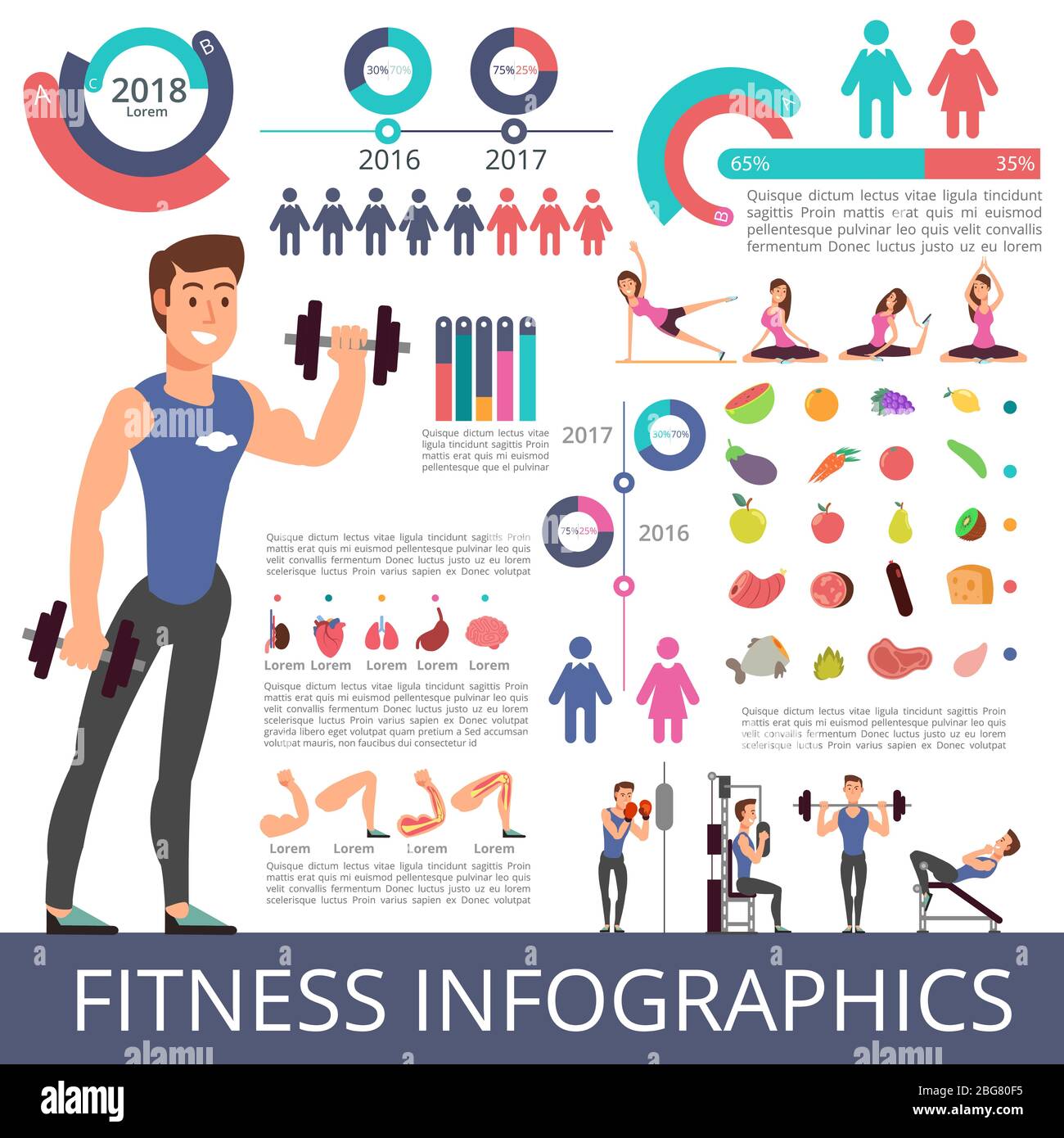 Sport und gesundes Leben Vektor-Business-Infografik mit Sport Person Charaktere, Diagramme und Diagramme. Fitnessfiguren. Vektordiagramm und Diagramm, h Stock Vektor
