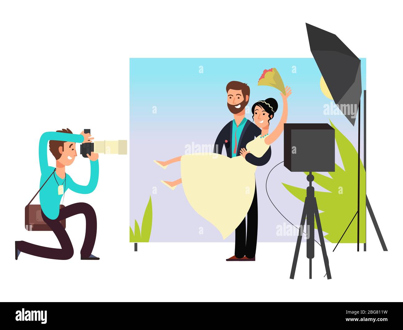Hochzeit Foto-Session im Studio mit Brautpaar Comic-Figuren. Vektorgrafik Stock Vektor