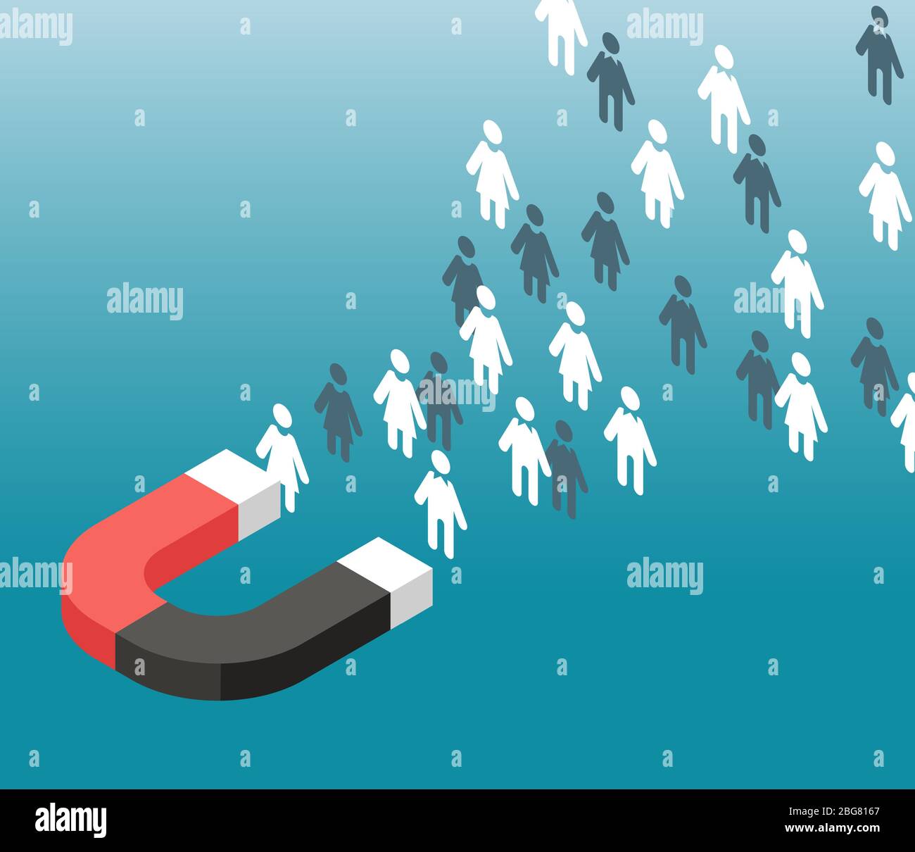 Leads generieren. Attraktion für Internetverkehr. Magnet zieht Menschen Symbole. Vektorkonzept Inbound Marketing. Illustration des potenziellen Kunden und Anhänger Magnetismus Stock Vektor