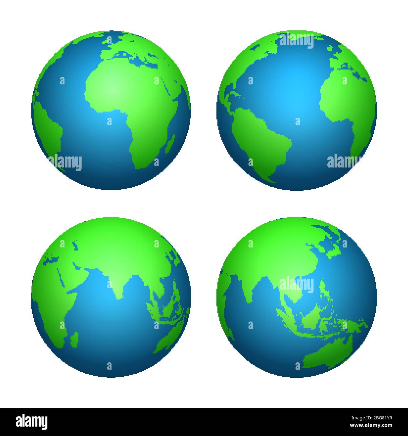 Erde 3d Globus. Weltkarte mit grünen Kontinenten und blauen Ozeanen. Vektor  isoliert Set von Erde Planeten, Weltkugel mit Kontinent Abbildung  Stock-Vektorgrafik - Alamy