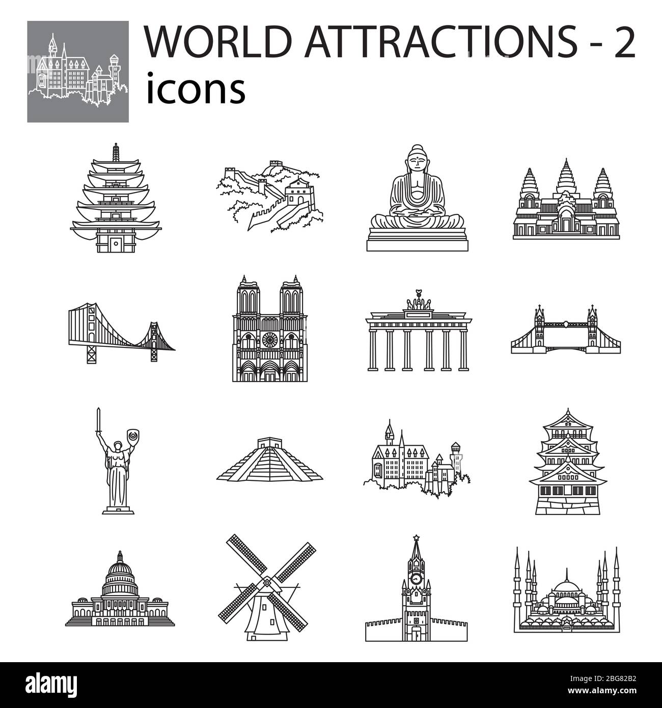 World Attractions Icon Line, linearer Vektor-Satz. Schwarze Zeichen, Symbole. Ikonen für den Tourismus. Set von stilvollen Symbolen auf weißem Hintergrund. Stock Vektor