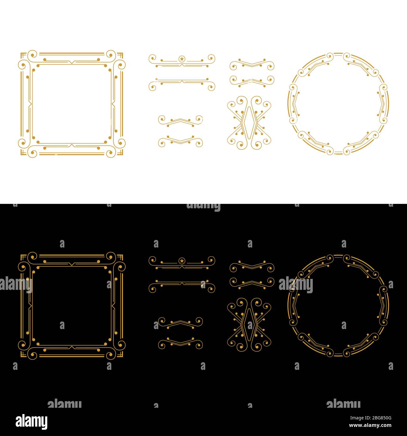 Luxuriöse goldene Rahmen-Kollektion, Border Ornament, Einladung Rand und Textrahmen, auf weißem und schwarzem Hintergrund. Stock Vektor