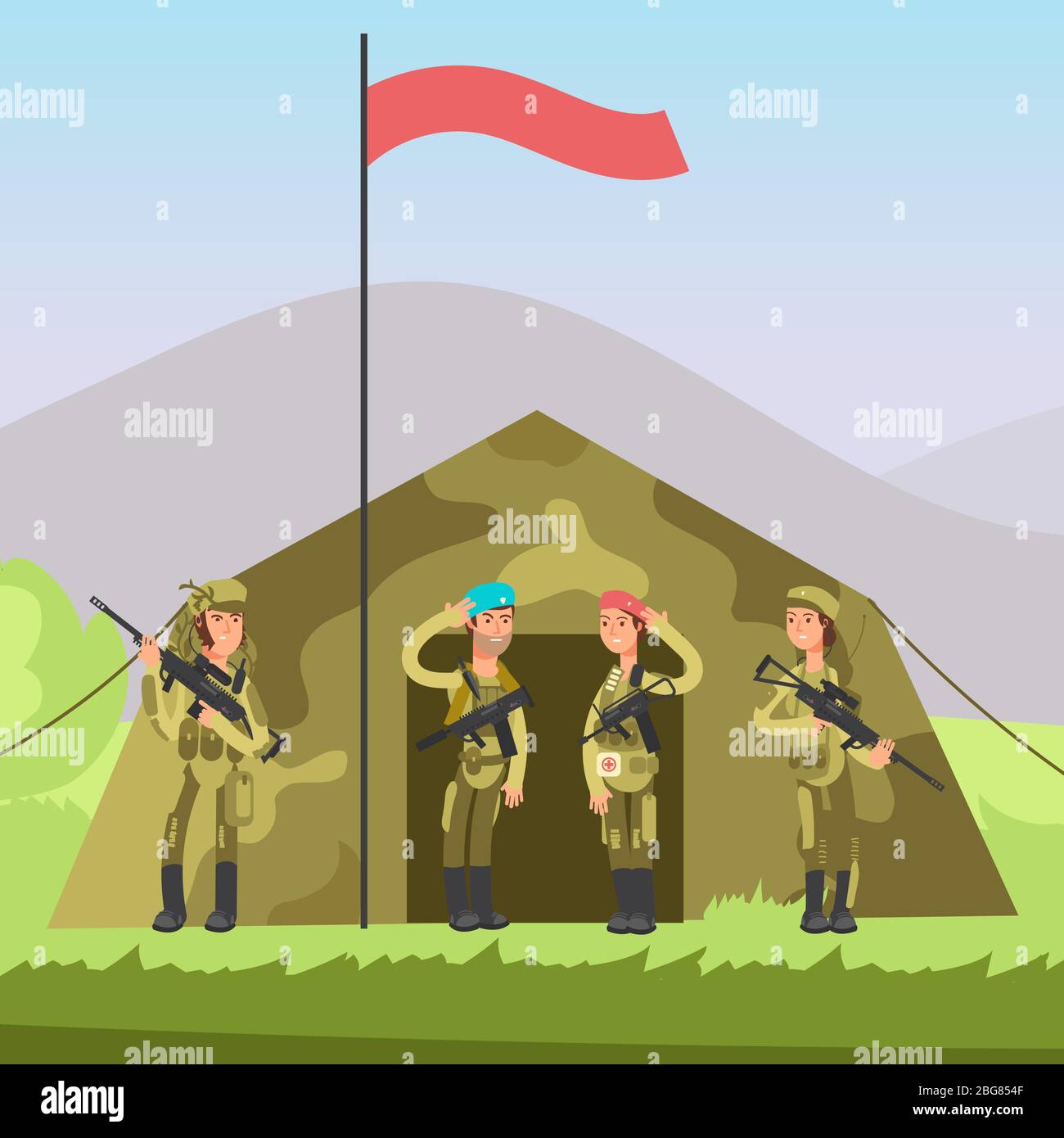 US-Armee Soldat mit Gewehr in Uniform. Militär Vektor Hintergrund mit Cartoon-Charakter männlich und weiblich Soldaten Illustration Stock Vektor