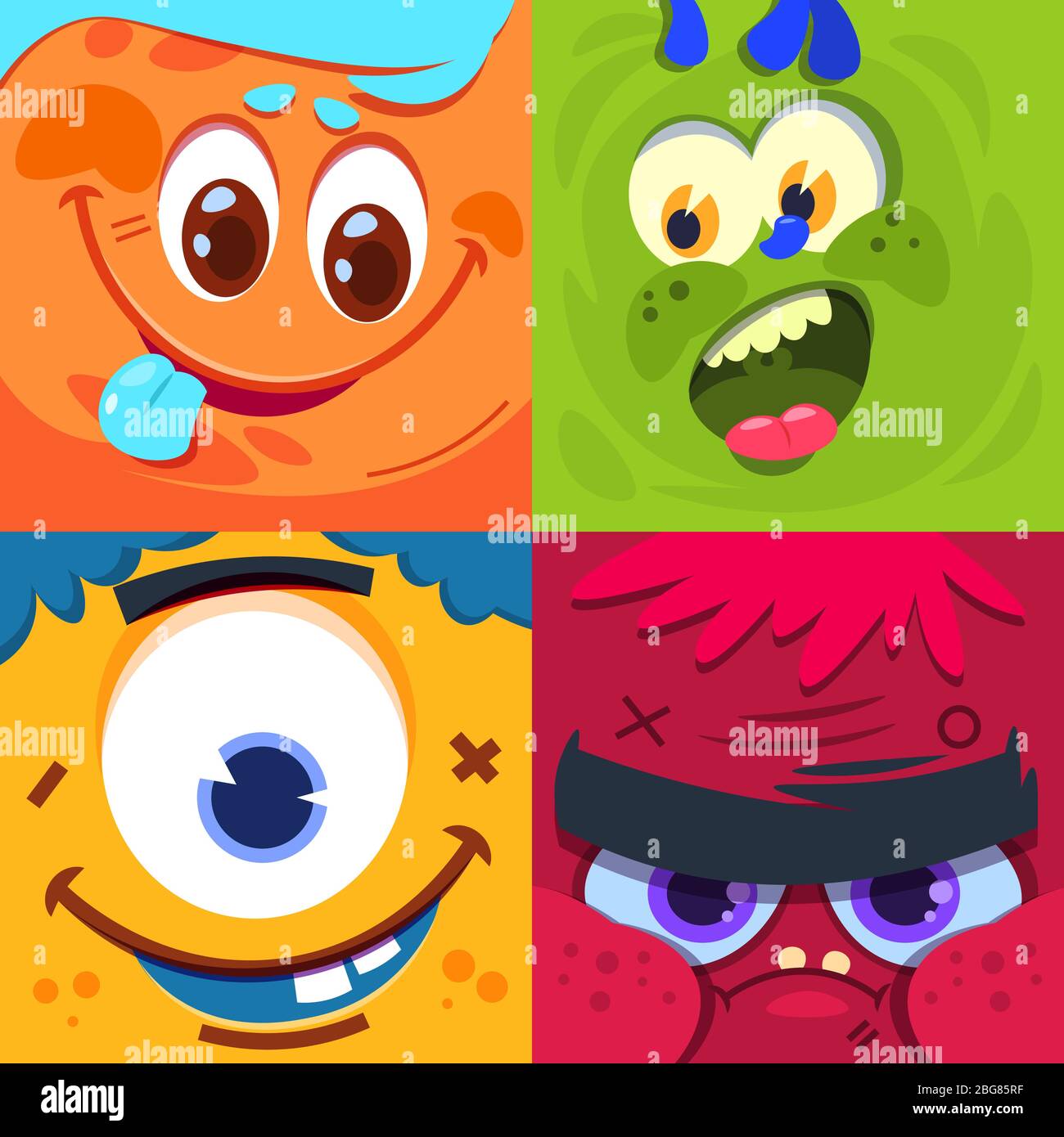 Cartoon Monster Gesichter. Unheimlich Karneval Alien Monster Masken. Vektor-Zeichen setzen Monster Gesicht, glücklich lustige Alien Kreatur Illustration Stock Vektor