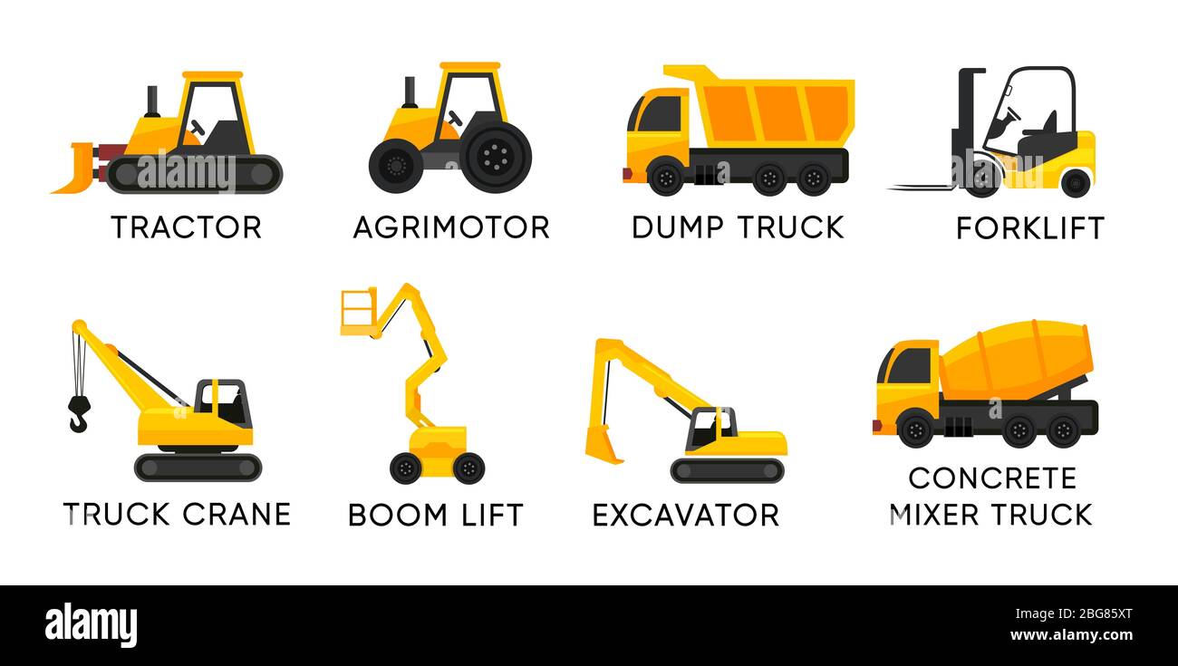 Gabelstapler mit Ausleger und andere LKW für Ladung und Bau - Vektor-Symbol auf weiß isoliert gesetzt. Stock Vektor