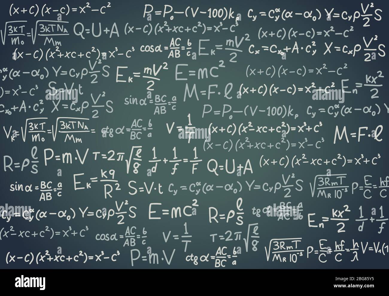 Schwarzes Brett mit wissenschaftlicher Formel. Algebra, Mathematik und Physik Funktionen auf Tafel. Schule Bildung Vektor Hintergrund. Abbildung von für Stock Vektor