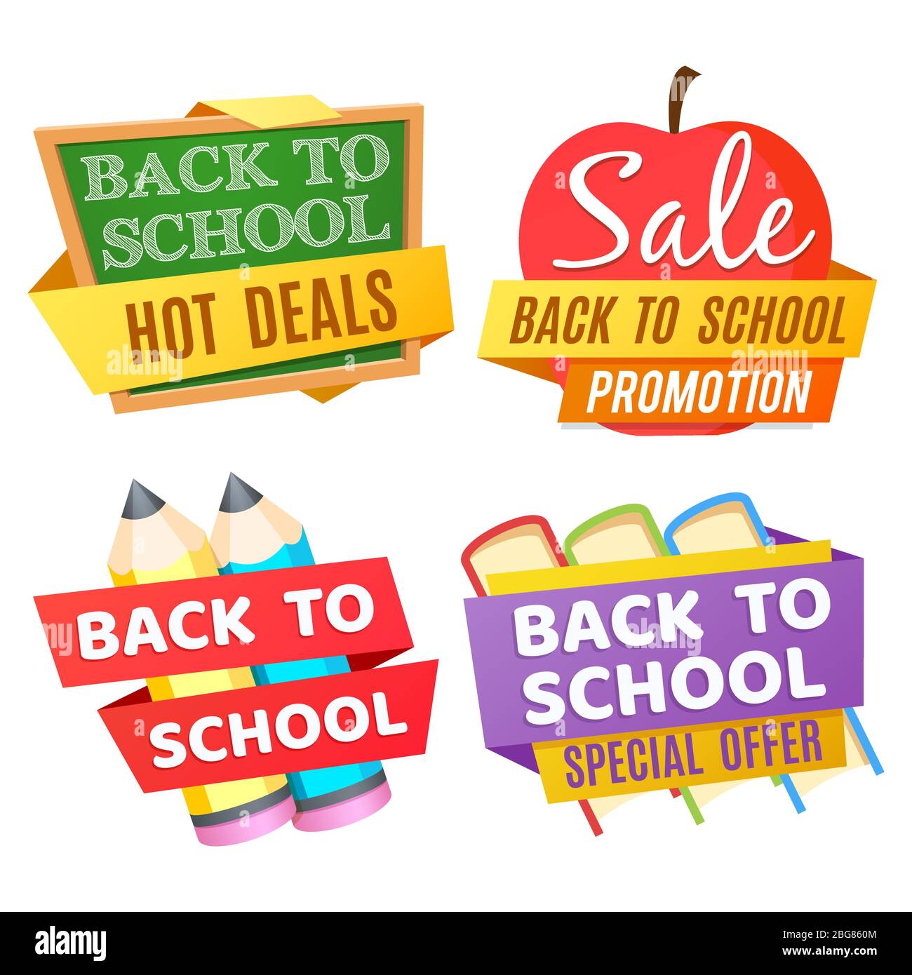 Zurück zur Schule Banner isoliert auf weißem Hintergrund mit Schreibtisch, Apfel, Bleistifte, Bücher. Vector Tafel und Lernen, Hot Deal und Sonderangebot illus Stock Vektor