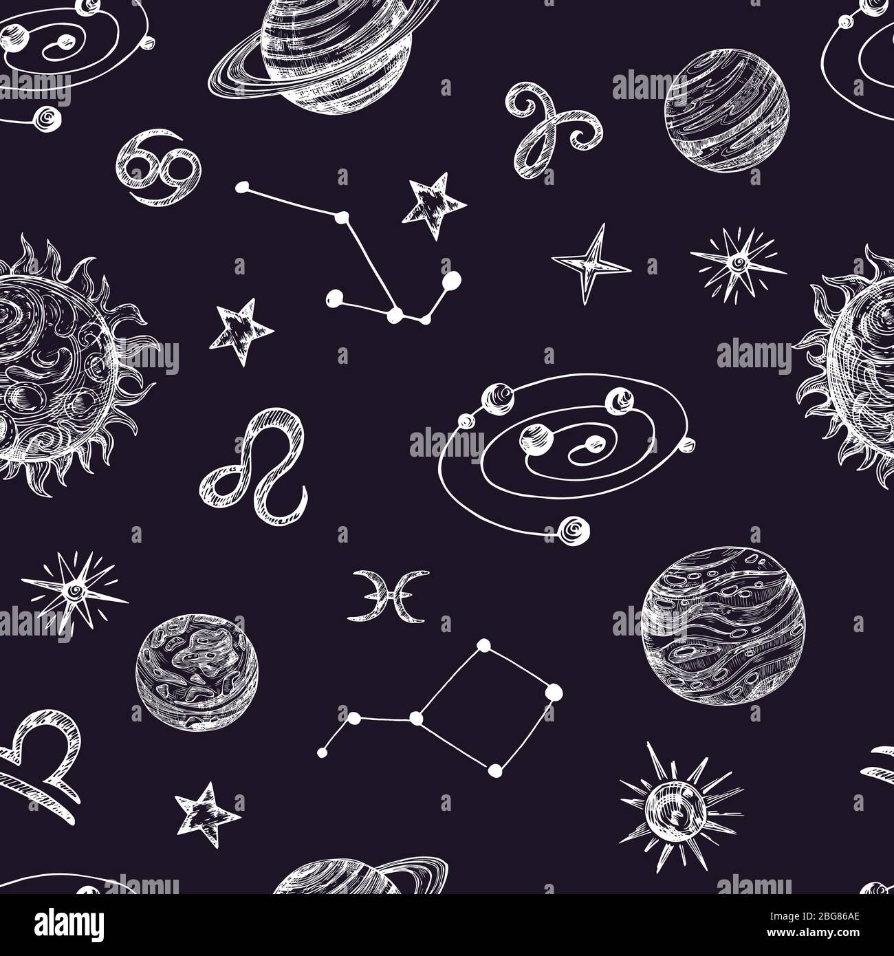 Handgezeichneter Raum mit Sternen, Planeten und Mond. Doodle Nacht Himmel Vektor nahtlose Muster. Illustration des Nachtraums mit Planet Stock Vektor