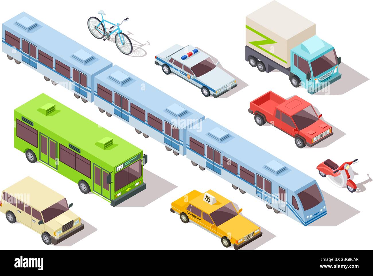 Isometrische öffentliche Verkehrsmittel. U-Bahn, Bus, Krankenwagen, Taxi und Polizei Auto, LKW, Motorrad, Fahrrad. 3d-Fahrzeuge Vektor-Set. Illustration von Stadtbus, Automobil und Stadtbahn Stock Vektor