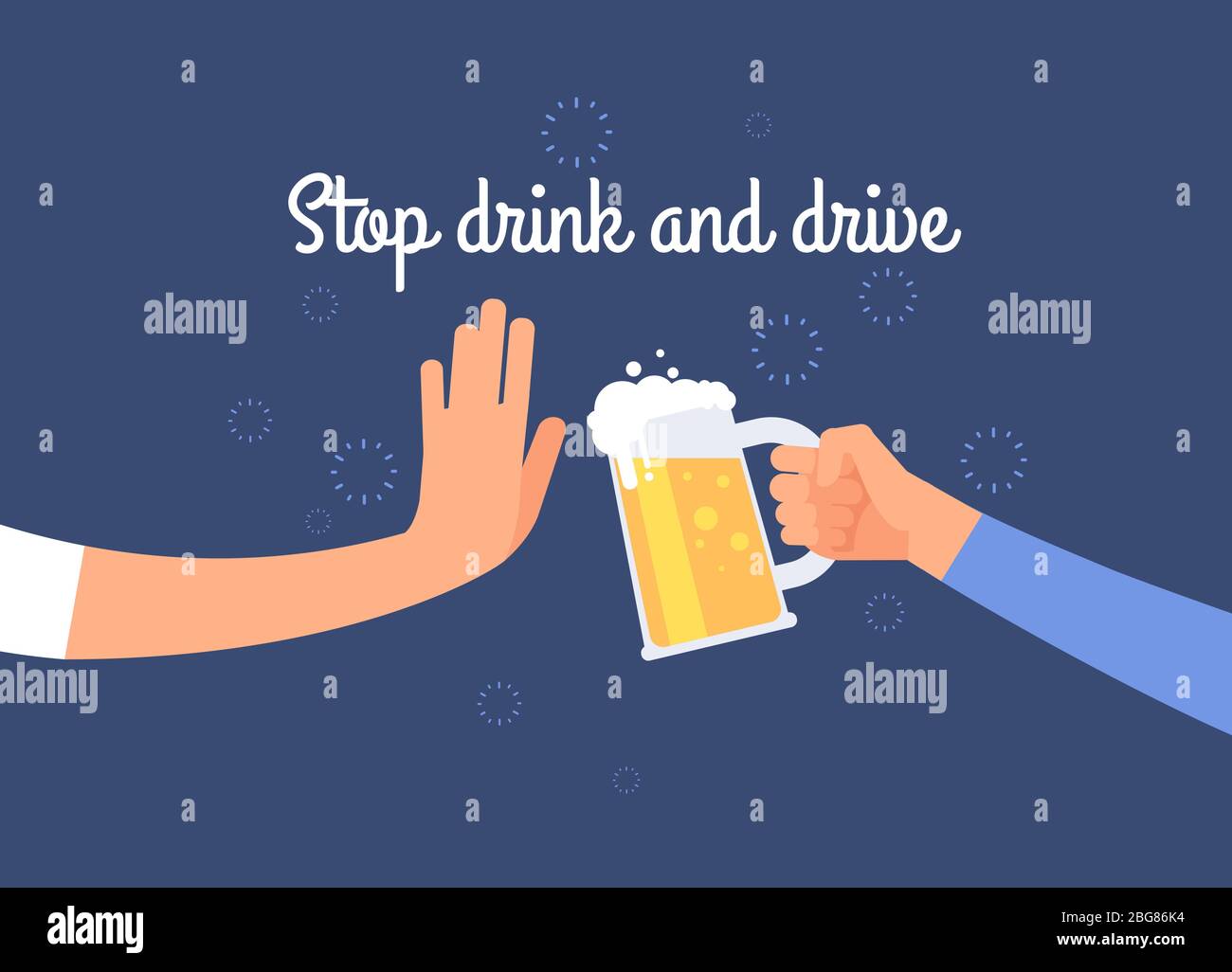 Trinken Sie nicht mehr und fahren Sie. Warnung an Fahrer-Poster mit Hand halten Bierkrug. Antialkoholischer Vektorhintergrund. Stoppen Bier getrunken, Alkohol Warnung illustrat Stock Vektor