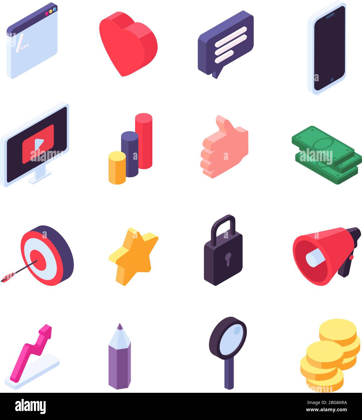 Isometrische Symbole für Social Marketing. Medienmitteilung und 3D Social Signs suchen. Video, Internet und Musik Vektorsymbole. Isometrisches Netzwerk Social Icon, Illustration von Marketing und Kommunikation Stock Vektor