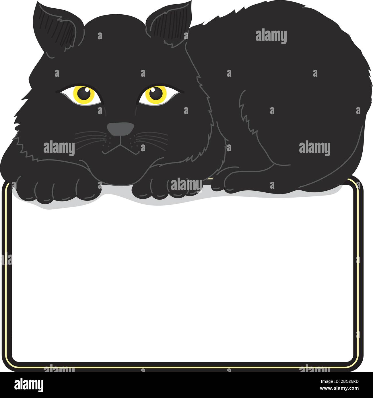 CAT Illustration Clipart. Die große schwarze Katze saß auf dem Rahmen. Es hat komplett schwarzes Fell. Und gelbe Augen. Der Rahmen hat Platz für Text. Hand Stock Vektor