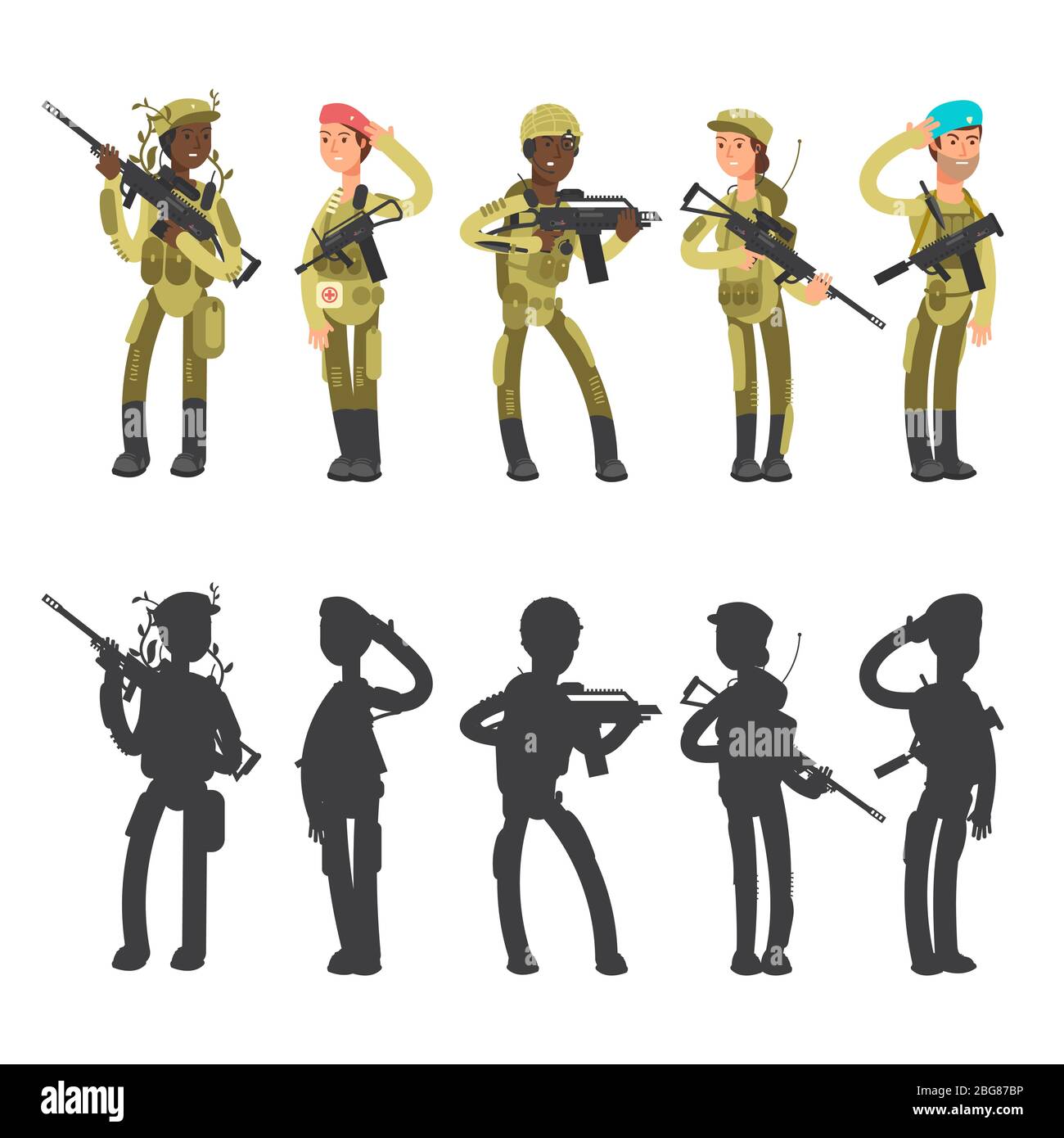 Internationale Soldaten der Armee. Silhouetten von militärischen Mann und Frau, Comic-Figuren Vektor-Illustration Stock Vektor