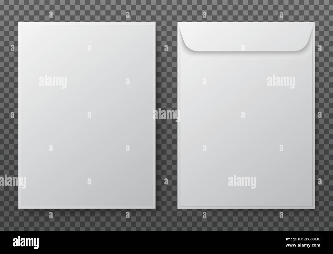 Umschlag a4. Papier weiße leere Briefumschläge für vertikale Dokumente. Vektor-Mockup auf transparentem Hintergrund isoliert. Briefumschlag Büro Mockup, Papier Stock Vektor