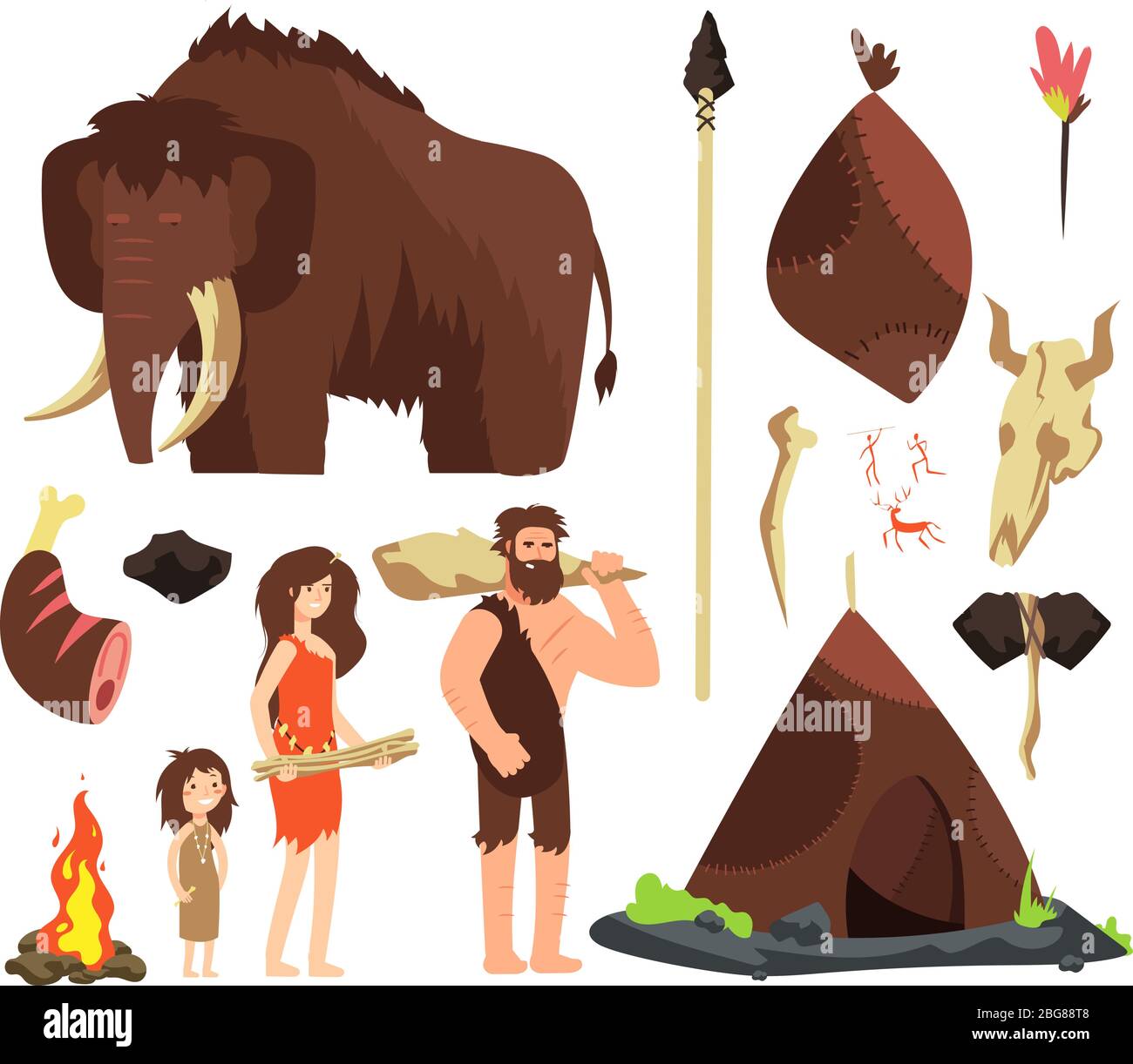 Caveman. Cartoon neolithische Menschen Charaktere. Prähistorische neandertaler-Familie mit Tieren und Waffen. Isolierter Vektorsatz. Mammut und Hütte, Neanderth Stock Vektor